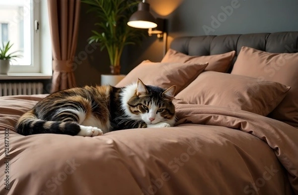 Fototapeta A large double bed is covered with Mocha Mousse-colored bed linen. A cat sleeps on the bed. Light brown modern bedroom interior. Design solutions with color of the year 2025 Pantone Mocha Mousse