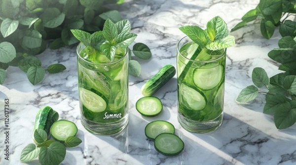 Fototapeta Refreshing cucumber mint drinks in glasses on a marble surface, surrounded by fresh mint leaves.
