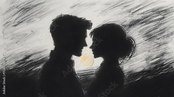 Obraz Silhouette of a romantic couple facing each other at sunset, drawn in charcoal.