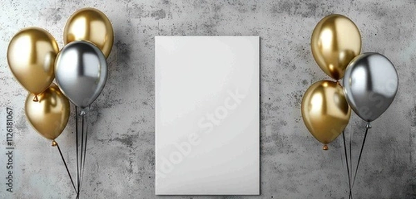 Fototapeta White poster accented by silver and gold balloons, concrete-textured background, overhead view.