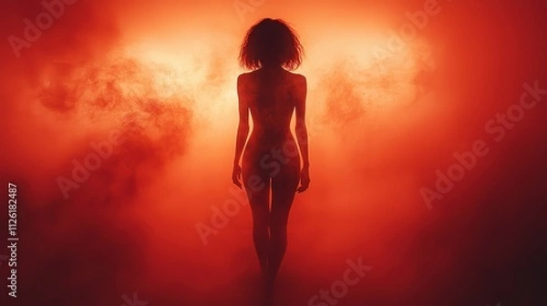 Fototapeta Mystical silhouette illuminated by red smoke in a surreal artistic expression