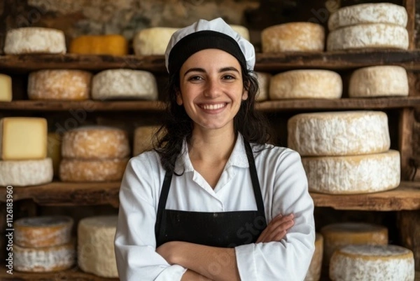 Fototapeta Woman cheesemaker in white uniform smiles in front of cheese shelves in workshop