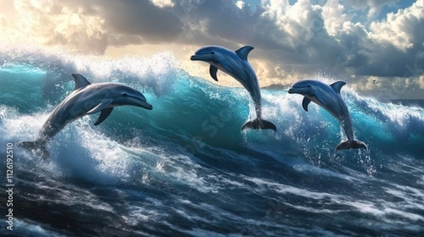 Obraz Three Dolphins Leaping Over Waves at Sunset