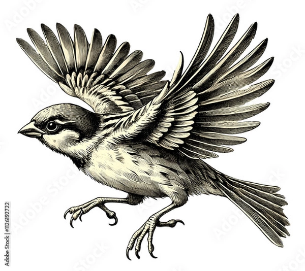 Fototapeta Vintage sparrow illustration, vintage sparrow engraving with detailed sketch, isolated on transparent background. Black and white PNG
