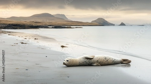 Fototapeta A seal stretching out on a beach as the tide gently laps at the shore, with distant islands visible