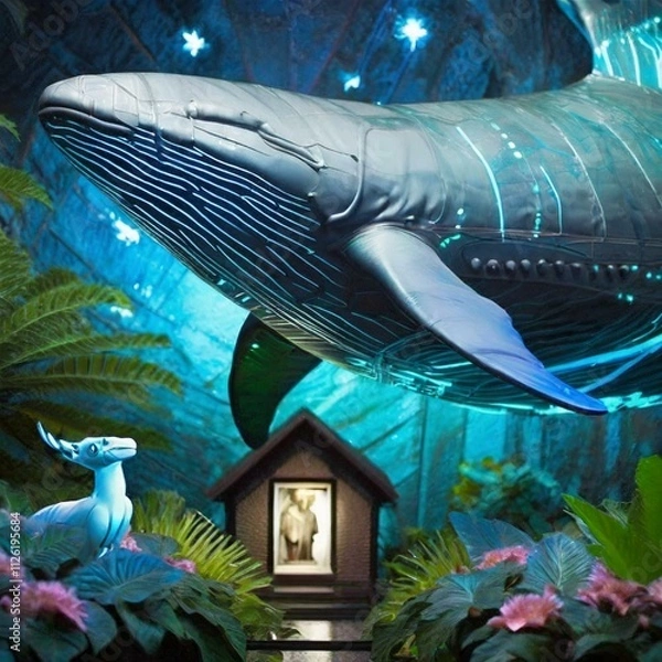Obraz 아름다운 밤하늘을 나는 거대한 고래, 꽃이 핀 정원 위 작은 집 일러스트