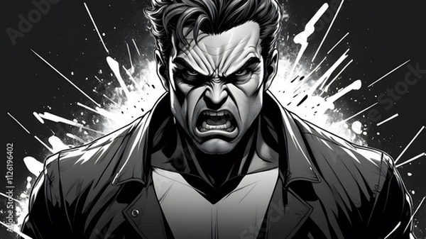 Obraz Dynamic Black and White Comic Style Portrait of an Angry Hero