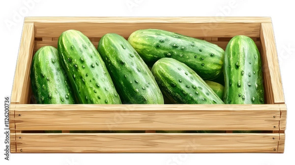 Obraz A wooden box filled with fresh cucumbers on a transparent background. Cucumbers look juicy and green, with characteristic bumps on the surface.