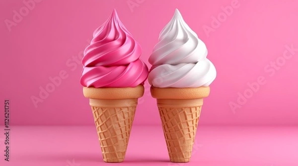 Fototapeta Two ice cream cones with pink and white swirls on top. The pink one is on the left and the white one is on the right