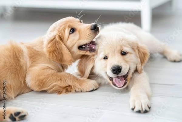 Fototapeta A heartwarming shot of two Golden Retriever puppies snuggling close, showcasing their cute and playful nature while lying together in a cozy environment.