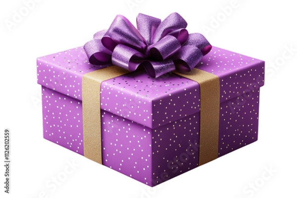 Obraz A purple gift box with a shiny purple bow and a golden ribbon on a transparent background.