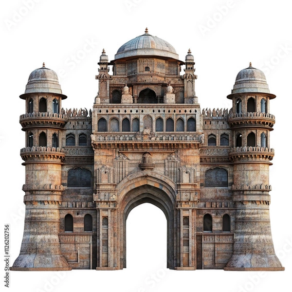 Fototapeta 3D front view illustration of the Bhujia Fort Indian monument isolated on a white transparent background