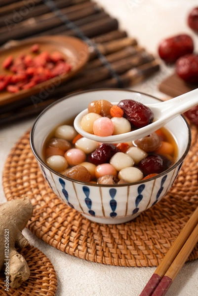 Fototapeta Homemade red and white tangyuan with syrup soup, dried longan pulp, red dates for Winter solstice.