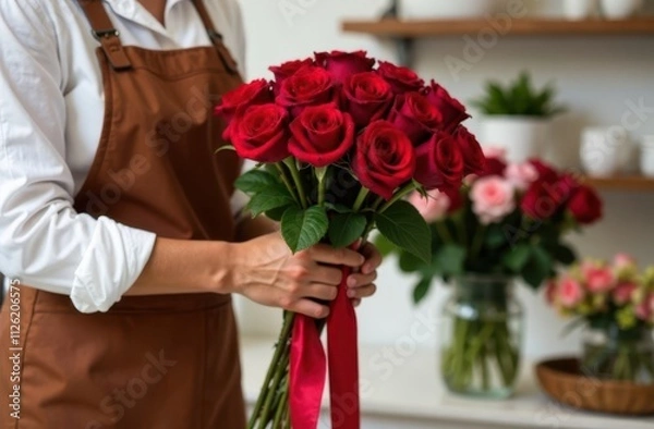 Obraz Hands of florist girl with bouquet of red roses with red ribbon, florist shop in background