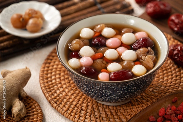 Fototapeta Homemade red and white tangyuan with syrup soup, dried longan pulp, red dates for Winter solstice.