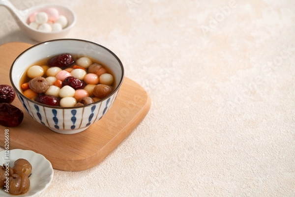 Fototapeta Homemade red and white tangyuan with syrup soup, dried longan pulp, red dates for Winter solstice.