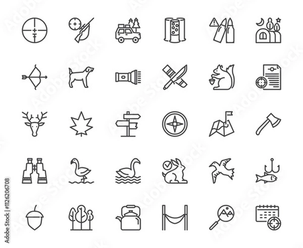 Fototapeta Vector hunting and related such gun, knife, weapon, nature outline icon set, lifestyle and wildlife discovery concept, editable stroke 48x48 pixel perfect icon for website, mobile application, ux,ui