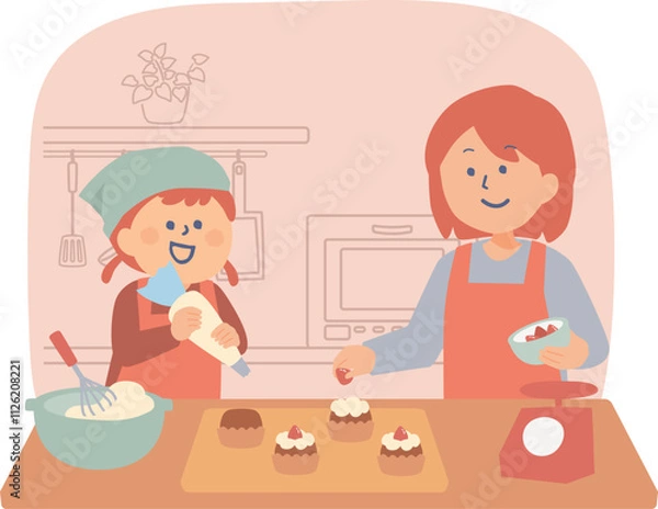 Fototapeta お菓子を作る親子のイラスト
