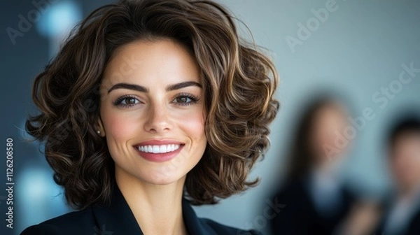 Fototapeta A woman with a short haircut and a smile on her face. She is wearing a black suit and is surrounded by other people