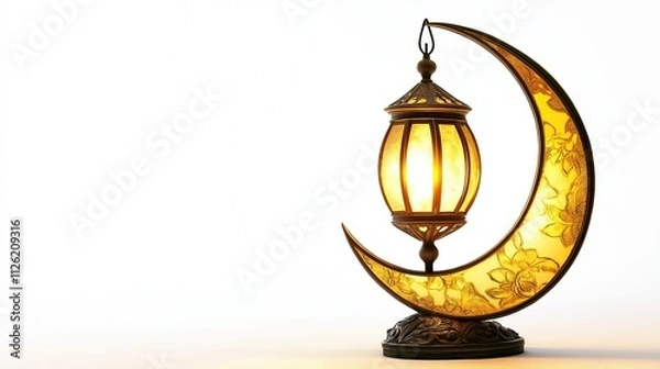 Fototapeta Ramadan lamp in the shape of a crescent moon, isolated on a white background. Studio shot, photorealistic, 3D rendering