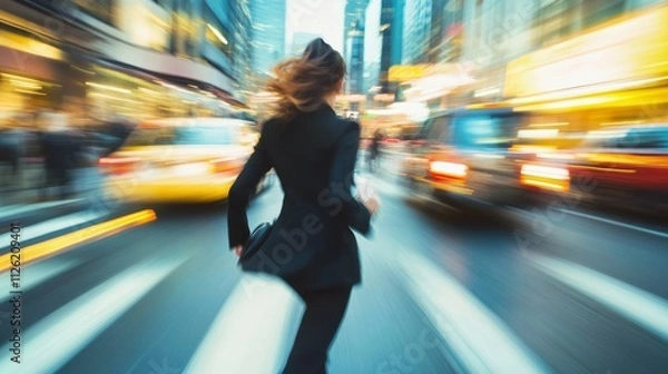 Fototapeta business woman hurry up and running in business city street for rush hour as motion blur