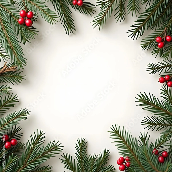 Fototapeta Festive card surrounded by evergreen branches and red berries on a light background.