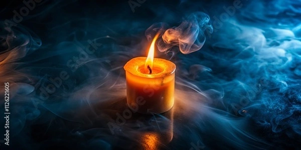 Fototapeta Drone Shot: Lighted Candle Flame, Dark Background, Aerial View, Night Photography, Mysterious, Ember Glow, Candlelight, Black Background,  Close-up, Low Light, Dramatic Lighting,  Intriguing Image