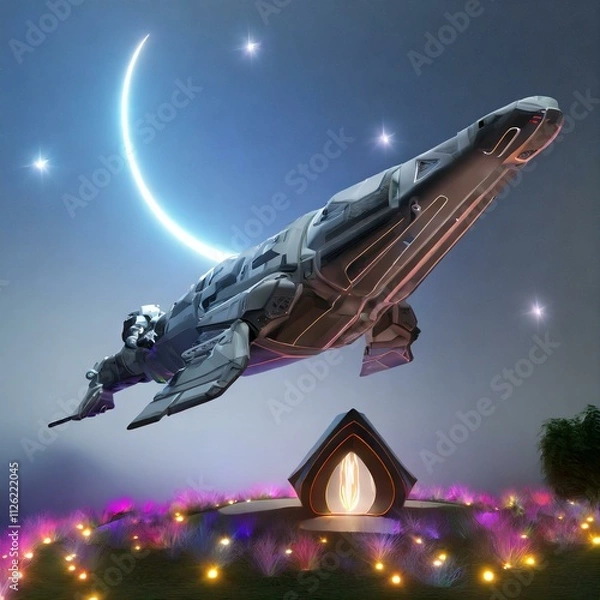 Obraz 고요하고 빛나는 밤하늘을 나는 거대한 기계 고래, 꽃이 핀 초원 위 따듯한 느낌의 오두막 집 일러스트. 04