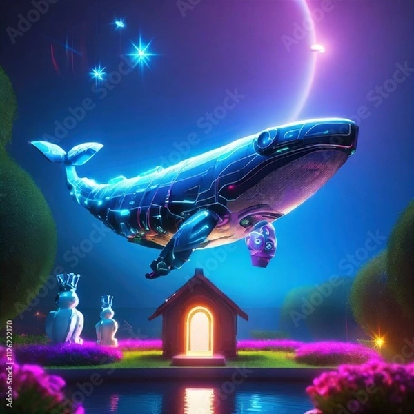 Obraz 고요하고 빛나는 네온 밤하늘을 나는 거대한 기계 고래, 꽃이 핀 초원 위 따듯한 느낌의 오두막 집 일러스트