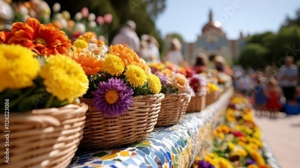 Obraz A bright Easter picnic scene in Barcelona’s Parc Güell, with baskets of Easter treats, colorful flowers blooming around the mosaic benches, and families enjoying the day 