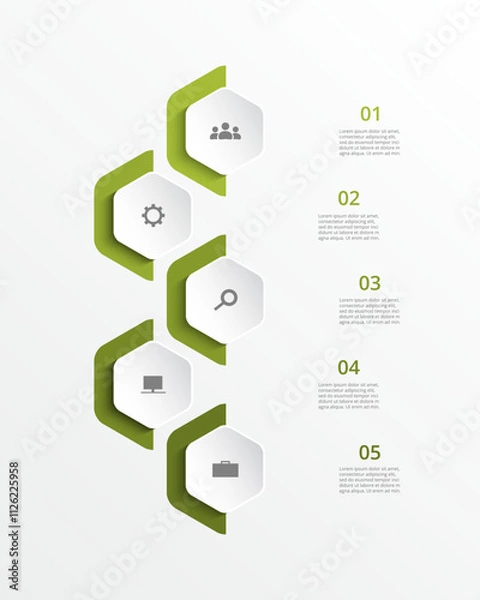 Obraz Step by step green vertical infographic template with 5 steps, options, parts or processes.