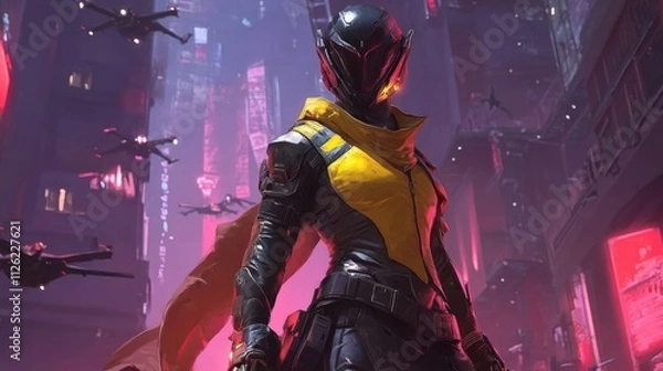 Fototapeta Futuristic Warrior Stands in Neon Cityscape