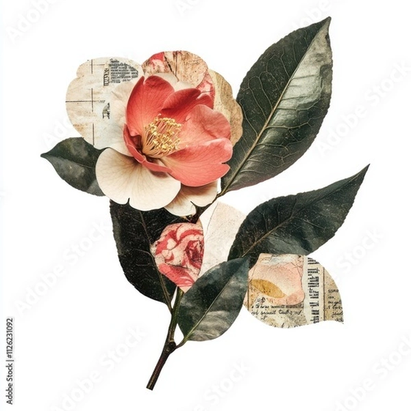 Obraz Vintage scrapbook style collage paper sticker cutout of a camellia leaf on white background, abstract retro collage art