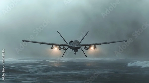 Fototapeta Combat Drone Hovering Over Misty Ocean in Dim Twilight Atmosphere Ready for Mission