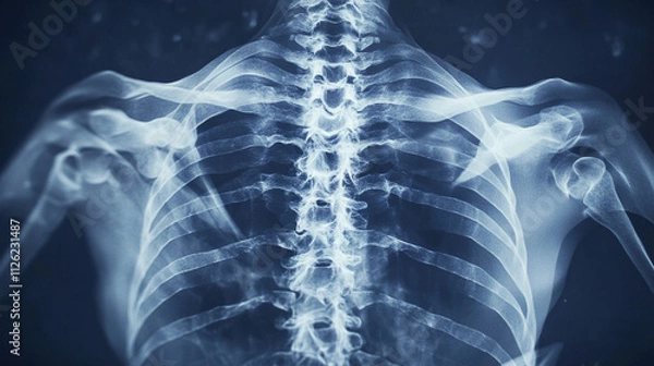 Obraz Detailed X-ray Image of Human Spine and Shoulder Anatomy Displaying Vertebrae, Ribs, and Scapula in a Clinical Medical Environment