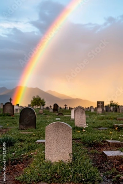 Fototapeta Always loved and remembered. A serene cemetery under a rainbow after a rainstorm.
