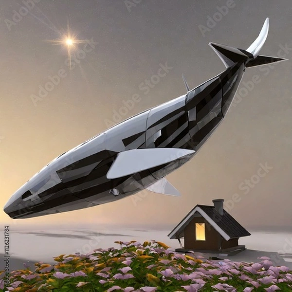 Obraz 고요하고 빛나는 여름 밤하늘을 비행 중인 거대 기계 고래, 꽃이 핀 초원 위 오두막 집 일러스트. 04