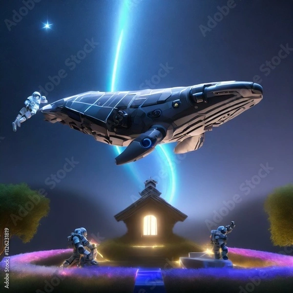 Obraz 고요하고 빛나는 여름 밤하늘을 비행 중인 거대 기계 고래, 꽃이 핀 초원 위 오두막 집 일러스트. 03