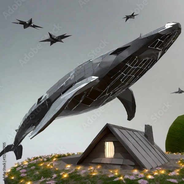 Obraz 고요하고 빛나는 여름 밤하늘을 비행 중인 거대 기계 고래, 꽃이 핀 초원 위 오두막 집 일러스트. 02