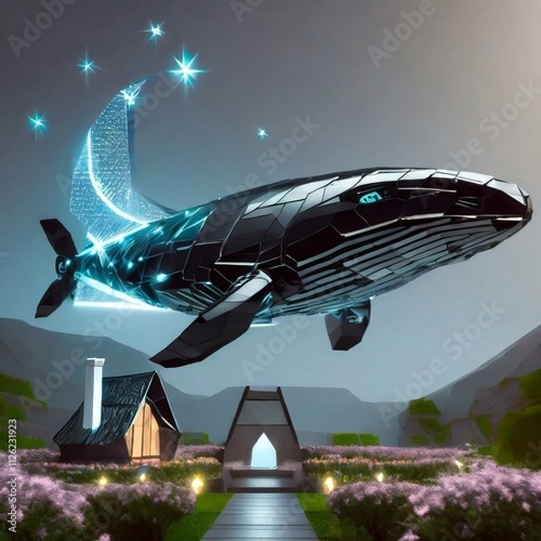 Obraz 고요하고 빛나는 여름 밤하늘을 비행 중인 거대 기계 고래, 꽃이 핀 초원 위 오두막 집 일러스트