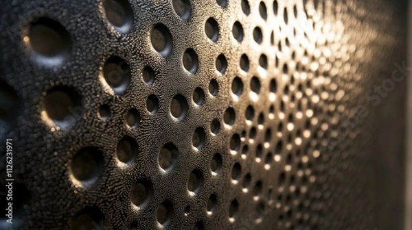 Fototapeta Close-up of perforated dark metal panels with intricate patterns creating a play of light and shadow