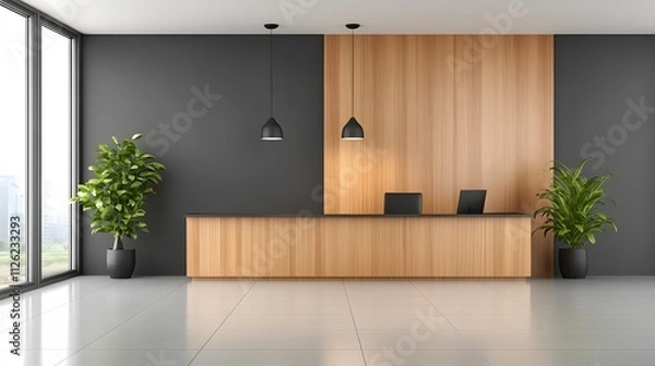 Fototapeta 3D rendered luxury office hallway with ambient lighting, sleek paneling, and reflective tile floors