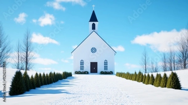 Obraz A serene Easter church service in a small Canadian village, with snow melting on the rooftops, wreaths on the doors, and spring flowers lining the pathways 