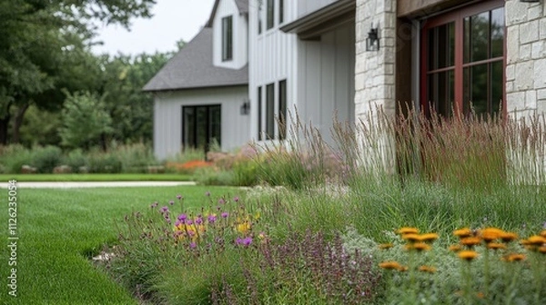Fototapeta the front yard of an American suburban home, featuring lush green grass and colorful flowers in the flower beds.