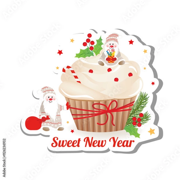 Obraz New year delicious cupcake with whipped cream and cute cnomes. Vector greeting sticker in cartoon style