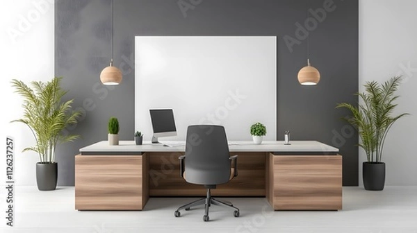 Fototapeta Contemporary office with adjustable desks and sleek chairs, 3D isometric render, white backdrop