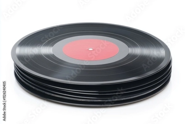 Fototapeta A classic black vinyl record with a red center label displaying visible grooves isolated on a white background