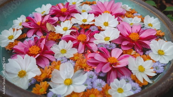 Fototapeta マーガレットなどキク科の花がたくさん浮かんだ円形の花手水