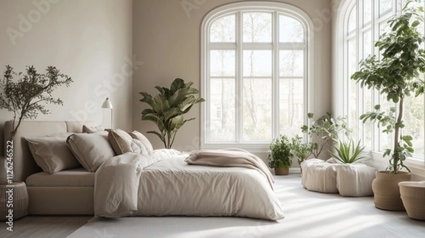 Fototapeta A luxurious, minimalist bedroom with a king-size bed, neutral colors, and a few carefully placed indoor plants. The room features large windows that flood the space with natural light, enhancing