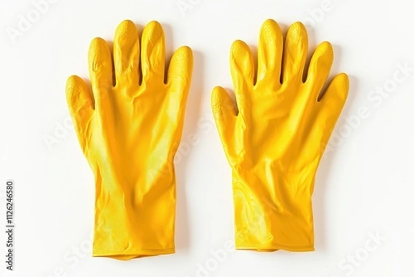 Fototapeta A pair of bright yellow rubber cleaning gloves placed side by side with slightly wrinkled textures visible on the surface